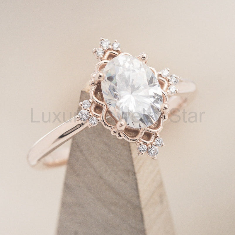 "Treva" - Oval Moissanite Engagement Ring With Diamond Accents & "Melody" Tracer - image 23