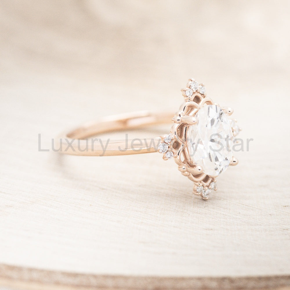 "Treva" - Oval Moissanite Engagement Ring With Diamond Accents & "Melody" Tracer - image 24
