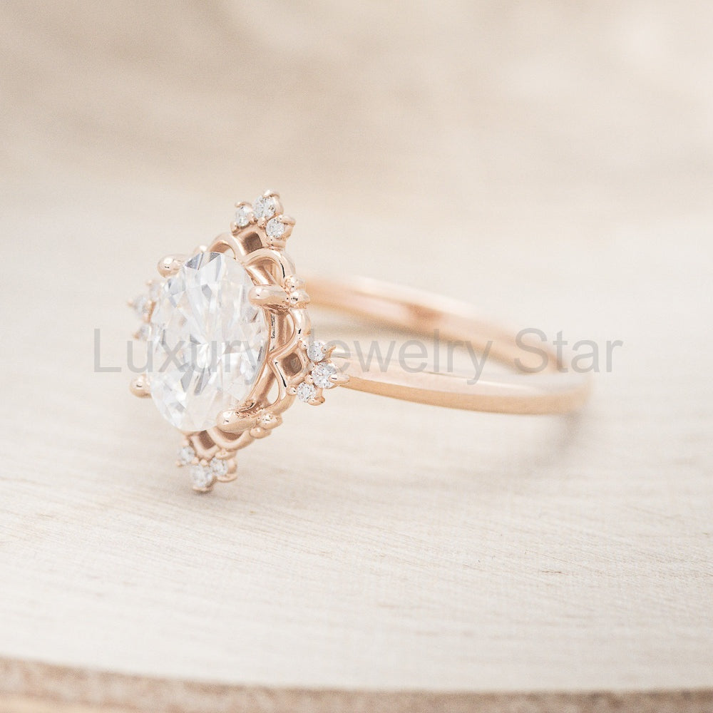 "Treva" - Oval Moissanite Engagement Ring With Diamond Accents & "Melody" Tracer - image 25