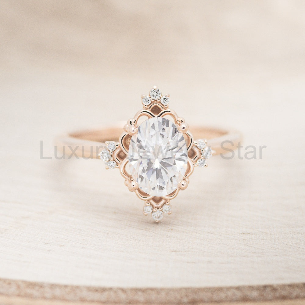 "Treva" - Oval Moissanite Engagement Ring With Diamond Accents & "Melody" Tracer - image 26