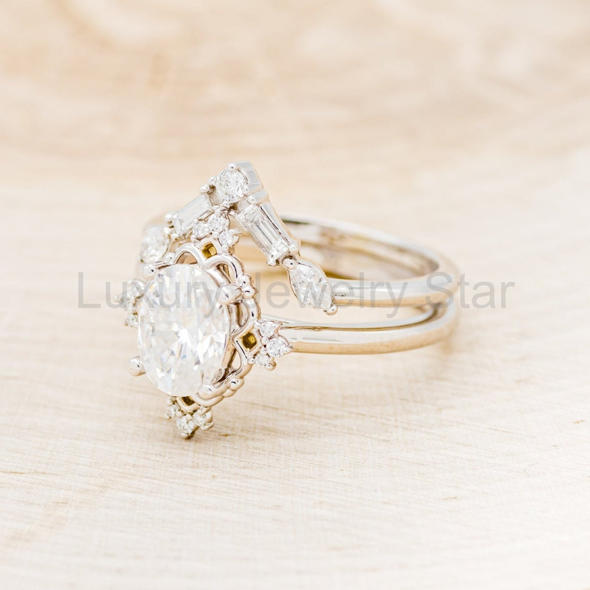 "Treva" - Oval Moissanite Engagement Ring With Diamond Accents & "Melody" Tracer - image 37