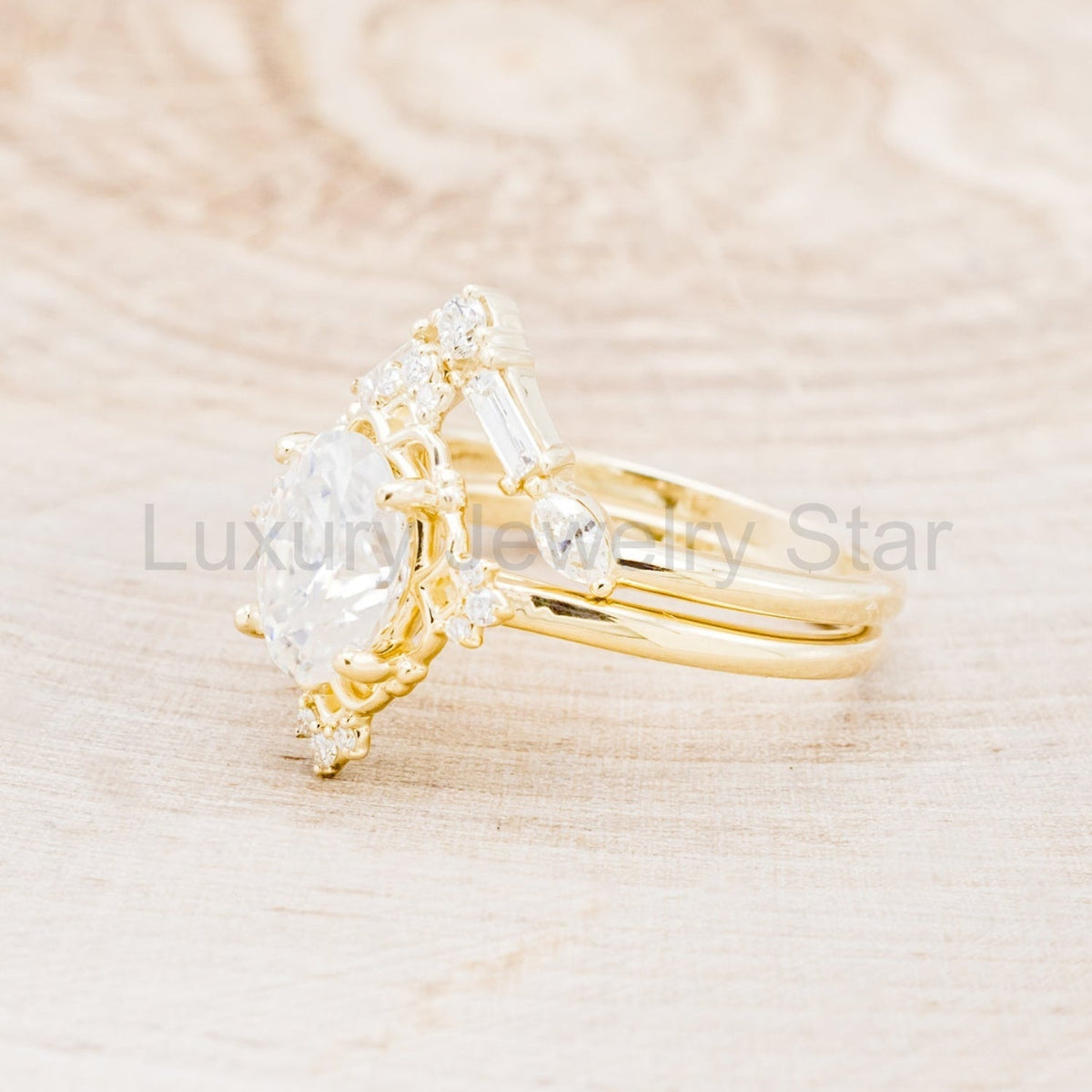 "Treva" - Oval Moissanite Engagement Ring With Diamond Accents & "Melody" Tracer - image 4