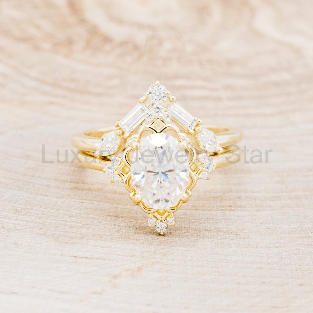 "Treva" - Oval Moissanite Engagement Ring With Diamond Accents & "Melody" Tracer - image 5