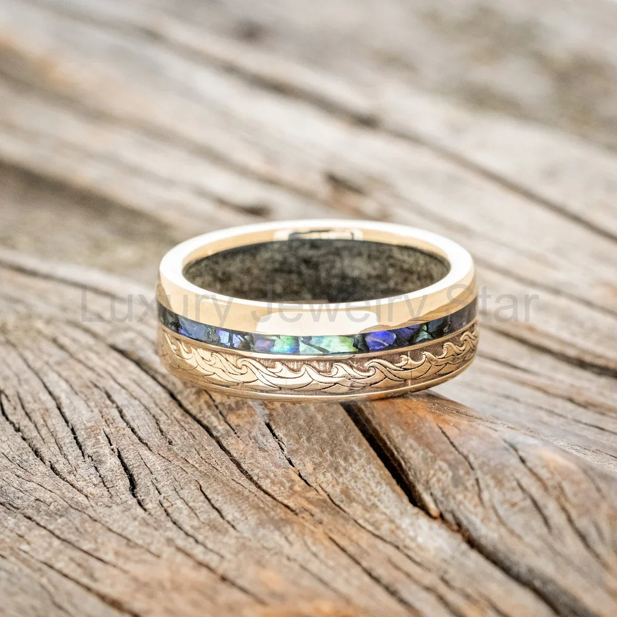 "Triton" - Wave Engraved Wedding Band With Paua Shell & Sand Lining - 14K Yellow Gold - image 2