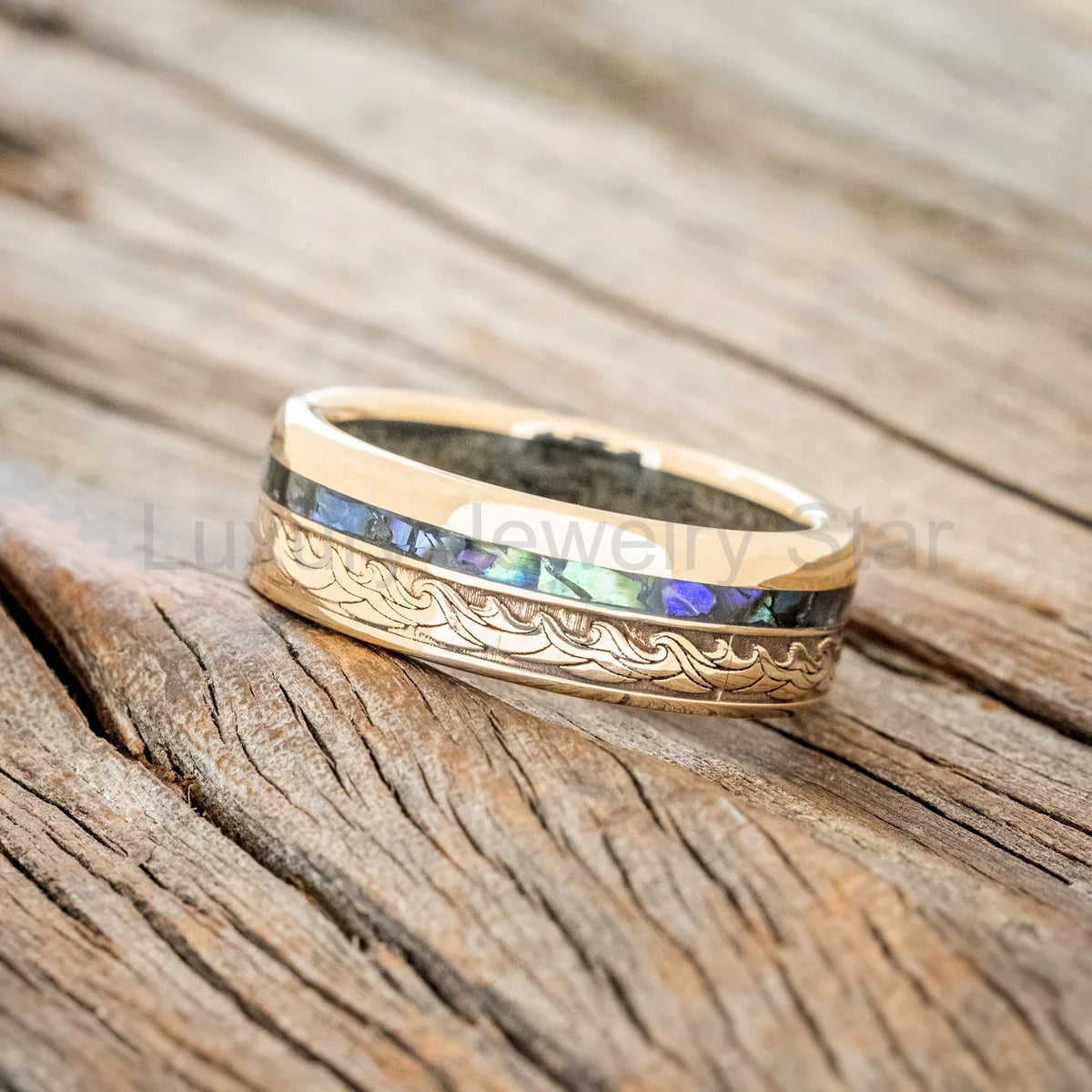"Triton" - Wave Engraved Wedding Band With Paua Shell & Sand Lining - 14K Yellow Gold - image 3