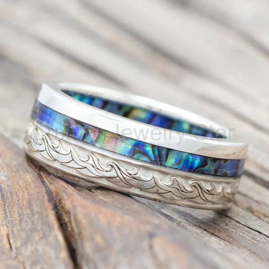"Triton" - Wave Engraved Wedding Band With Paua Shell Inlay & Lining - Silver (8mm) - Size - image 2