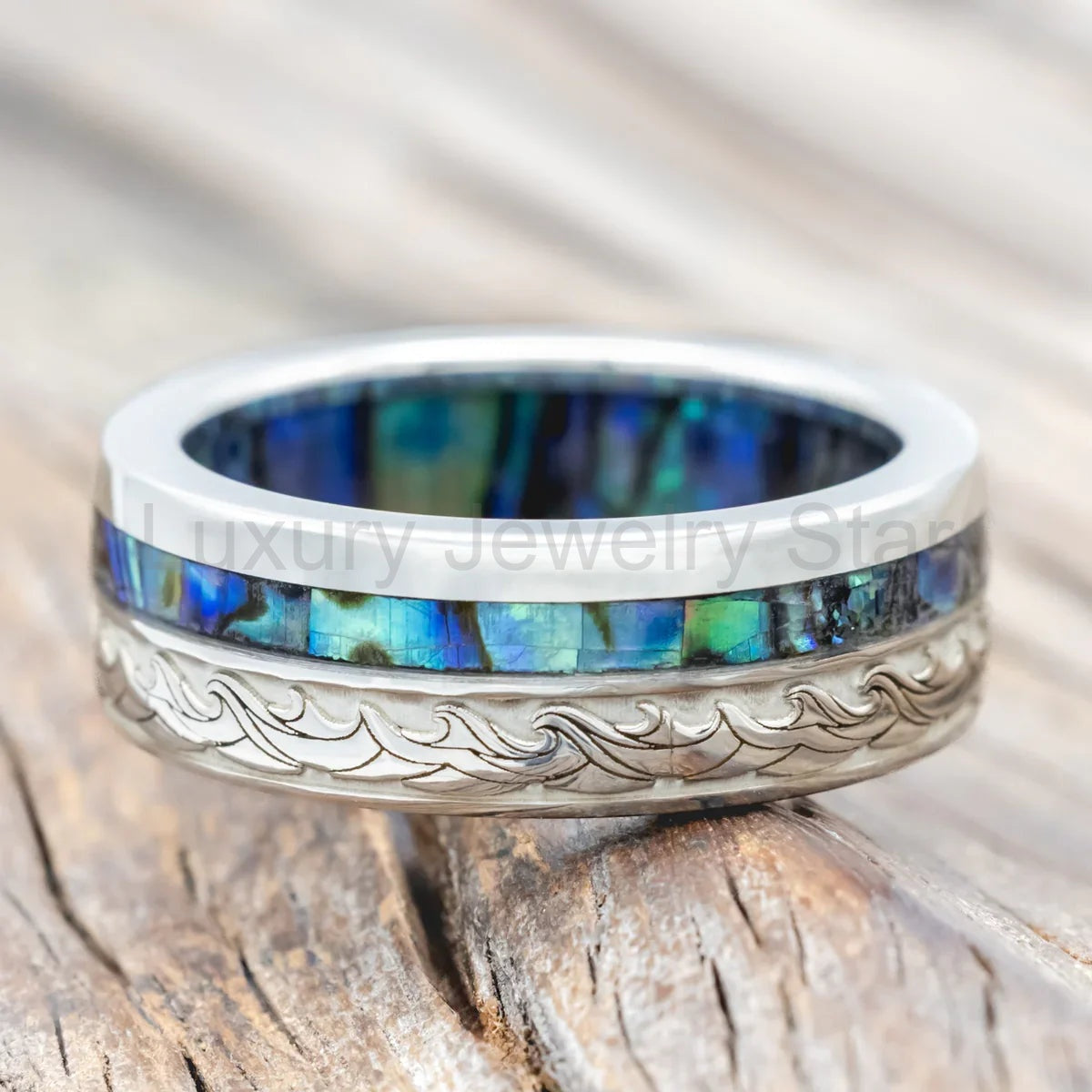 "Triton" - Wave Engraved Wedding Band With Paua Shell Inlay & Lining - Silver (8mm) - Size - image 3