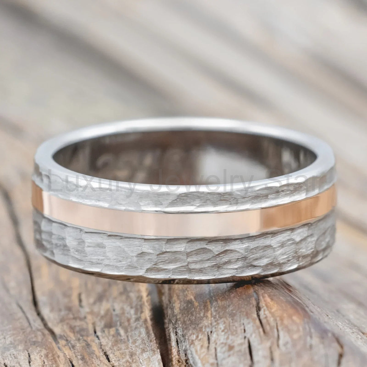 "Vertigo" - 14K Rose Gold Inlay Wedding Ring Featuring A Hammered Finish - Titanium (8mm) - image 3