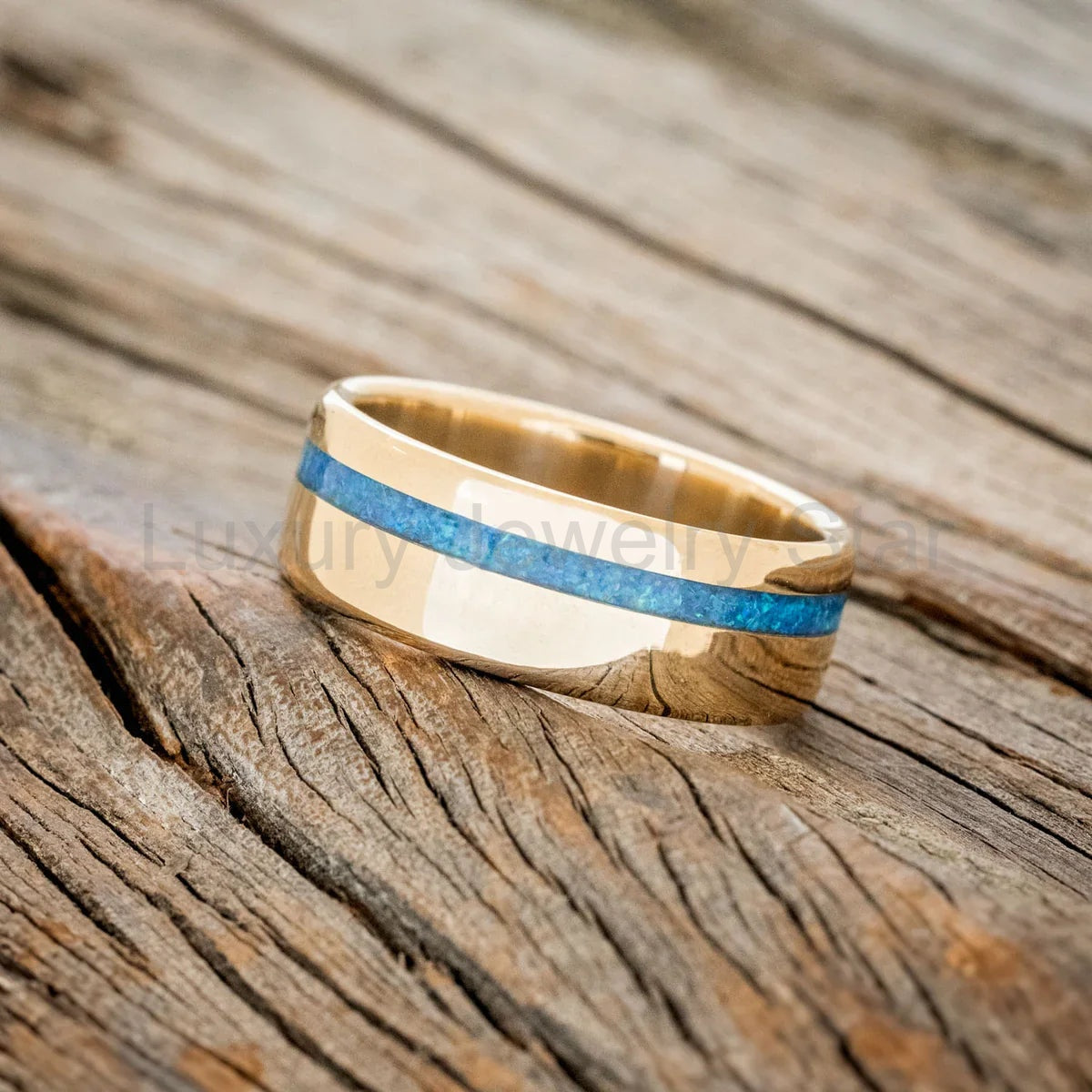 "Vertigo" - Blue Opal Inlay Wedding Ring - 14K Yellow Gold (8mm) - Size 7 1/2 - image 2