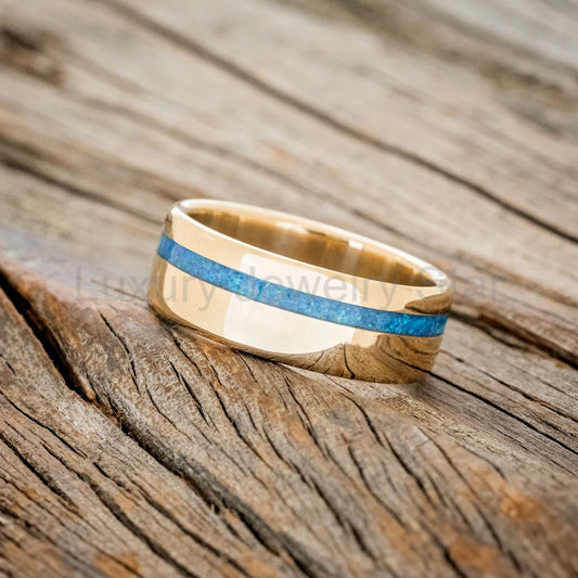 "Vertigo" - Blue Opal Inlay Wedding Ring - 14K Yellow Gold (8mm) - Size 7 1/2 - image 2