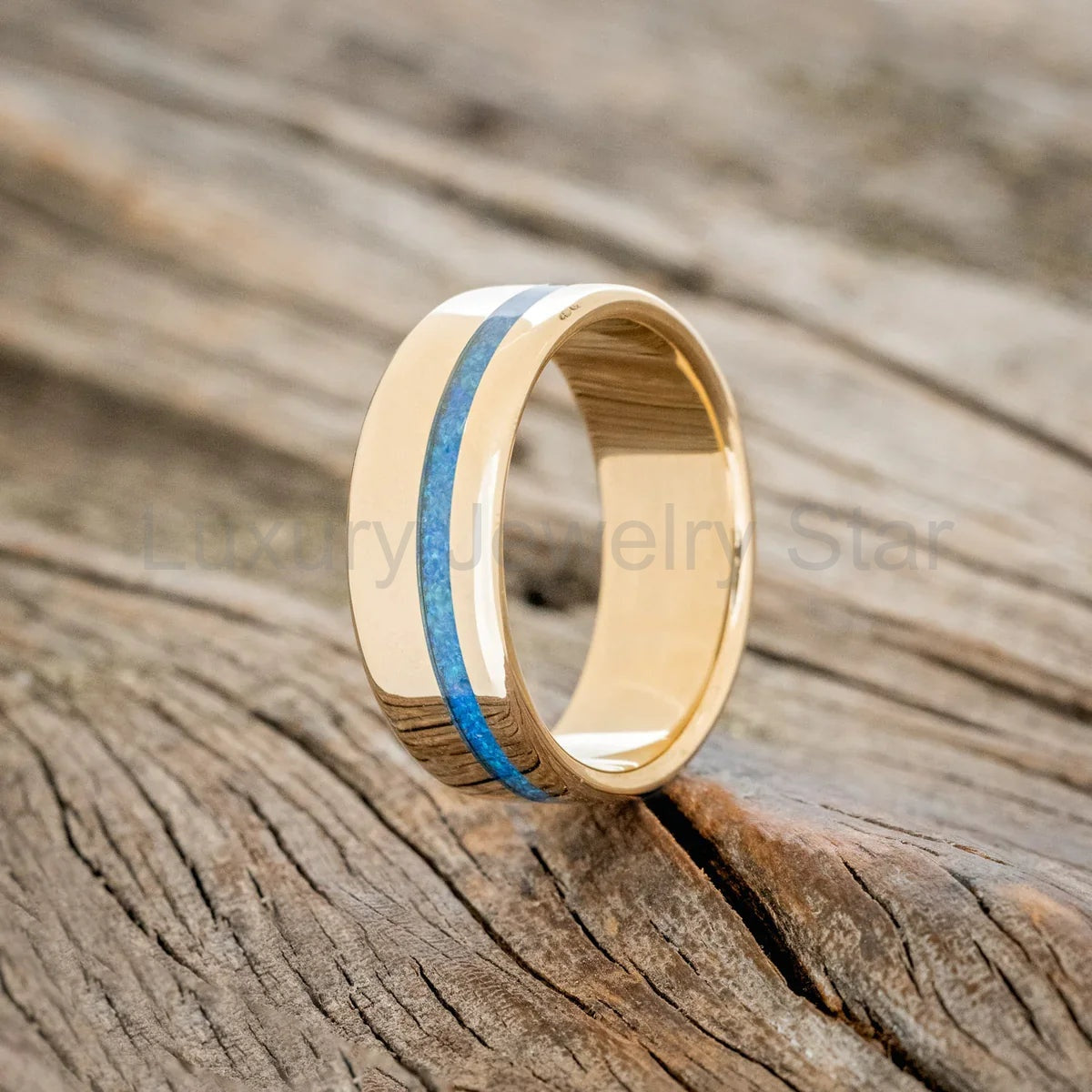 "Vertigo" - Blue Opal Inlay Wedding Ring - 14K Yellow Gold (8mm) - Size 8