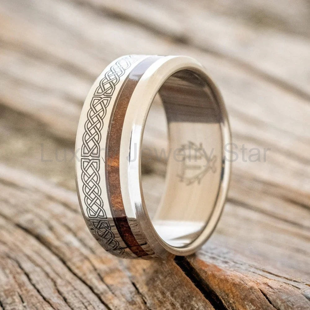 "Vertigo" - Celtic Sailor's Knot Engraved Wedding Ring With Redwood - Titanium (8mm) - Size 10