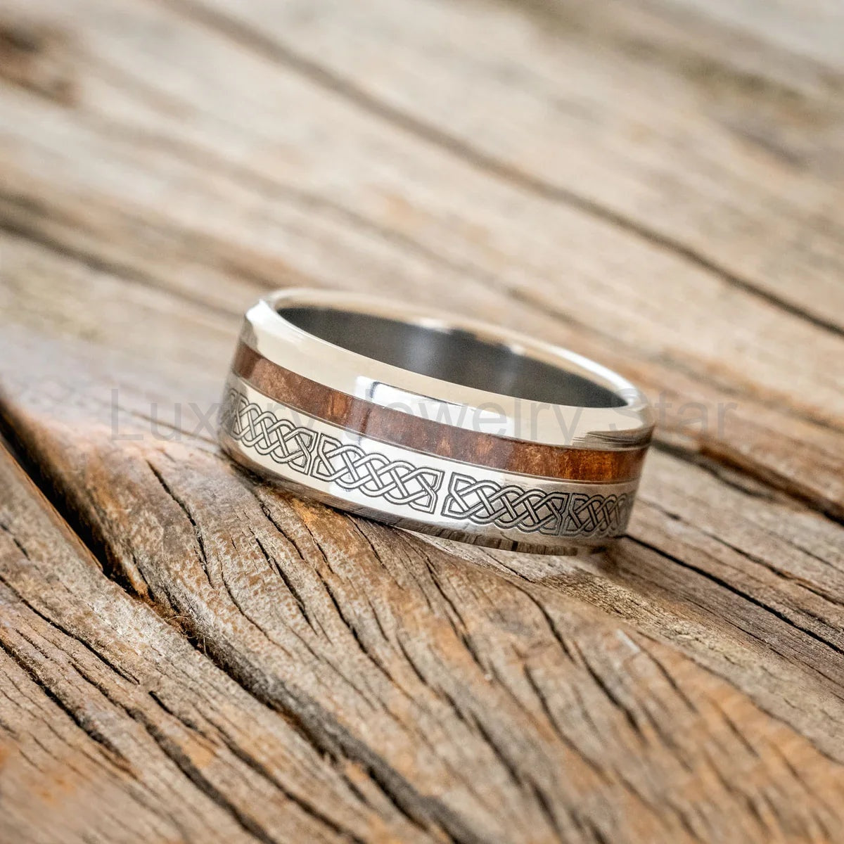 "Vertigo" - Celtic Sailor's Knot Engraved Wedding Ring With Redwood - Titanium (8mm) - image 2