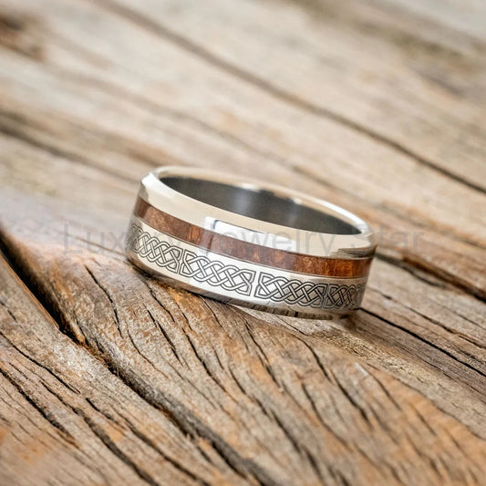 "Vertigo" - Celtic Sailor's Knot Engraved Wedding Ring With Redwood - Titanium (8mm) - image 2