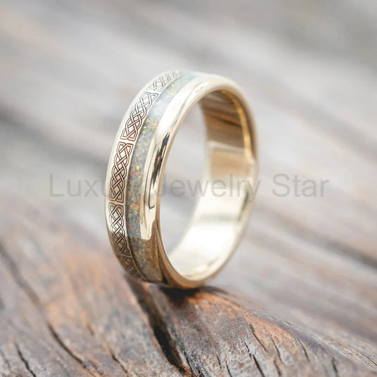 "Vertigo" - Celtic Sailor's Knot Engraved With Fire & Ice Opal Wedding Ring - 14K Yellow Gold (6mm)