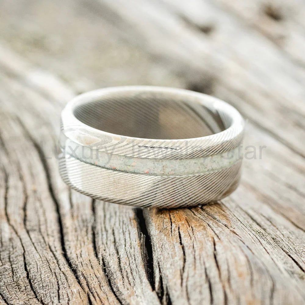 "Vertigo" - Fire & Ice Opal Wedding Band - Damascus Steel (8mm) - Size 5 1/2 - image 2