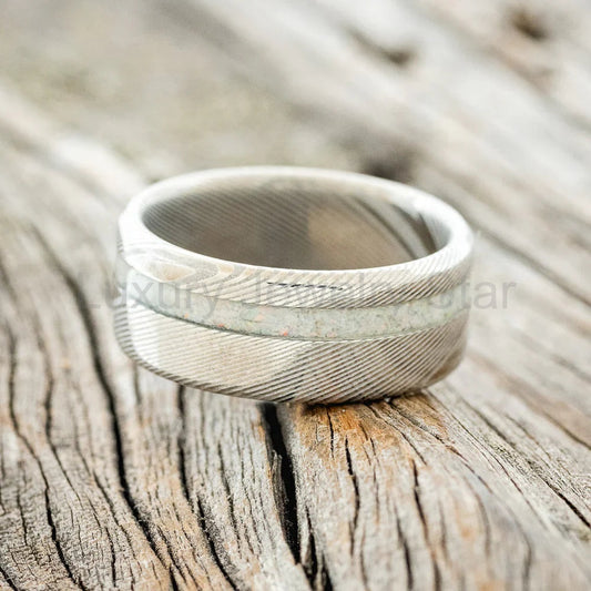 "Vertigo" - Fire & Ice Opal Wedding Band - Damascus Steel (8mm) - Size 5 1/2 - image 2