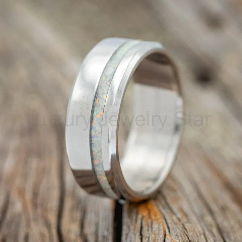 "Vertigo" - Fire & Ice Opal Wedding Band - Titanium - Size 8 1/4
