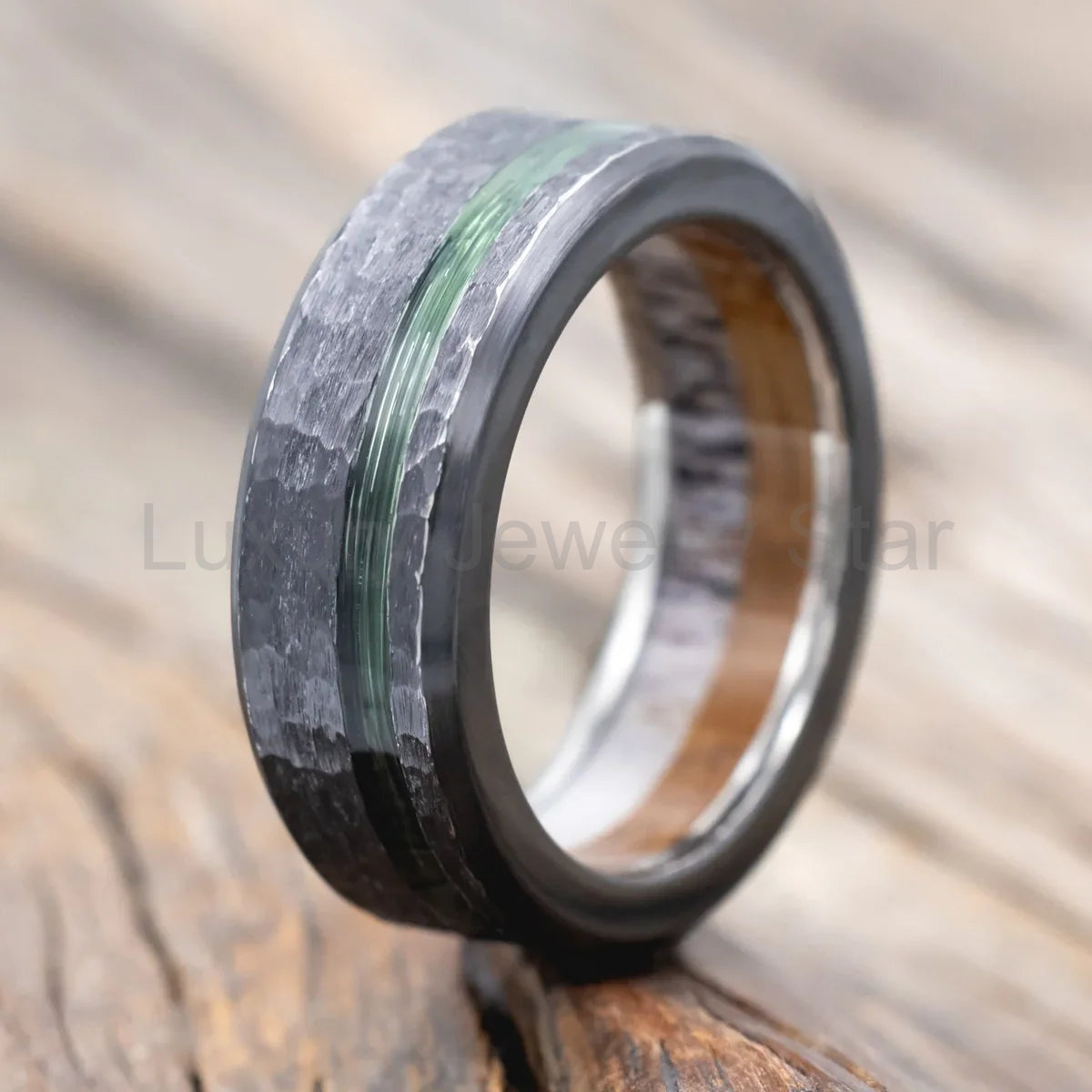 "Vertigo" - Green Mono Fishing Line Inlay Wedding Ring Featuring An Antler & Whiskey Barrel Lining