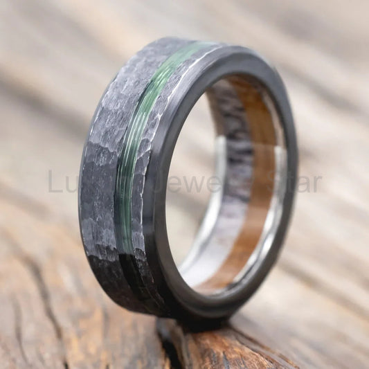 "Vertigo" - Green Mono Fishing Line Inlay Wedding Ring Featuring An Antler & Whiskey Barrel Lining