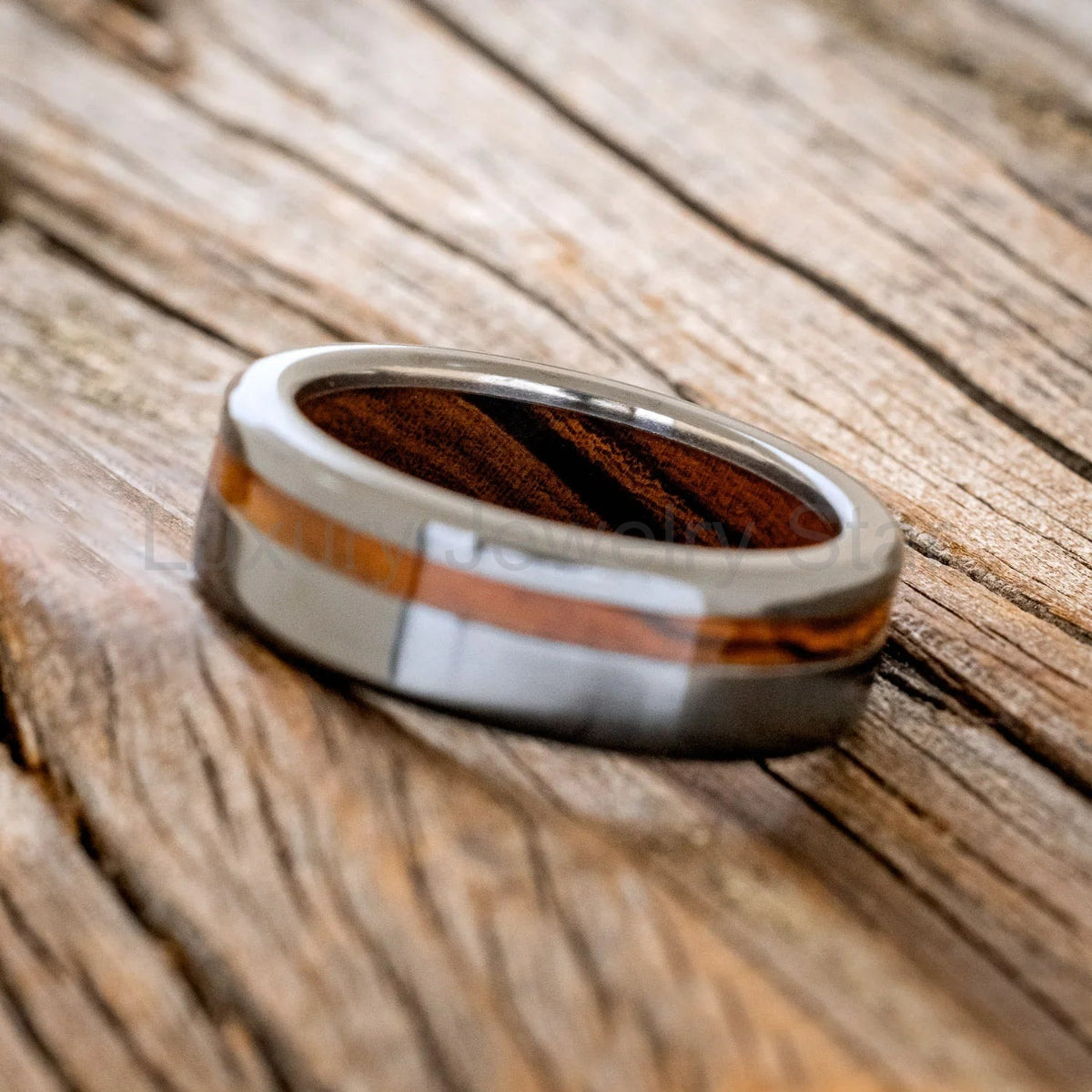 "Vertigo" - Ironwood Lining & Inlay Wedding Ring - Black Zirconium (8mm) - Size 9 - image 3