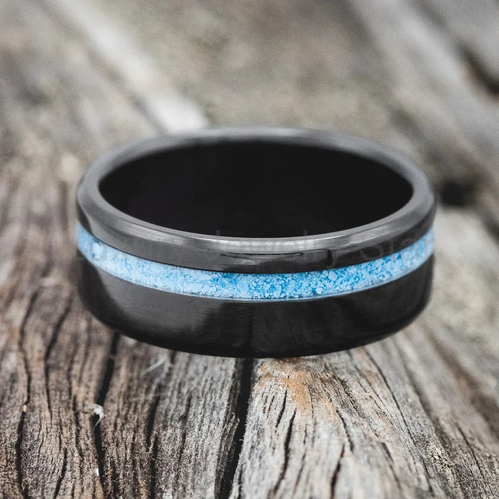 "Vertigo" - Turquoise Inlay Wedding Ring - Black Zirconium (8mm) - Size 9 - image 3