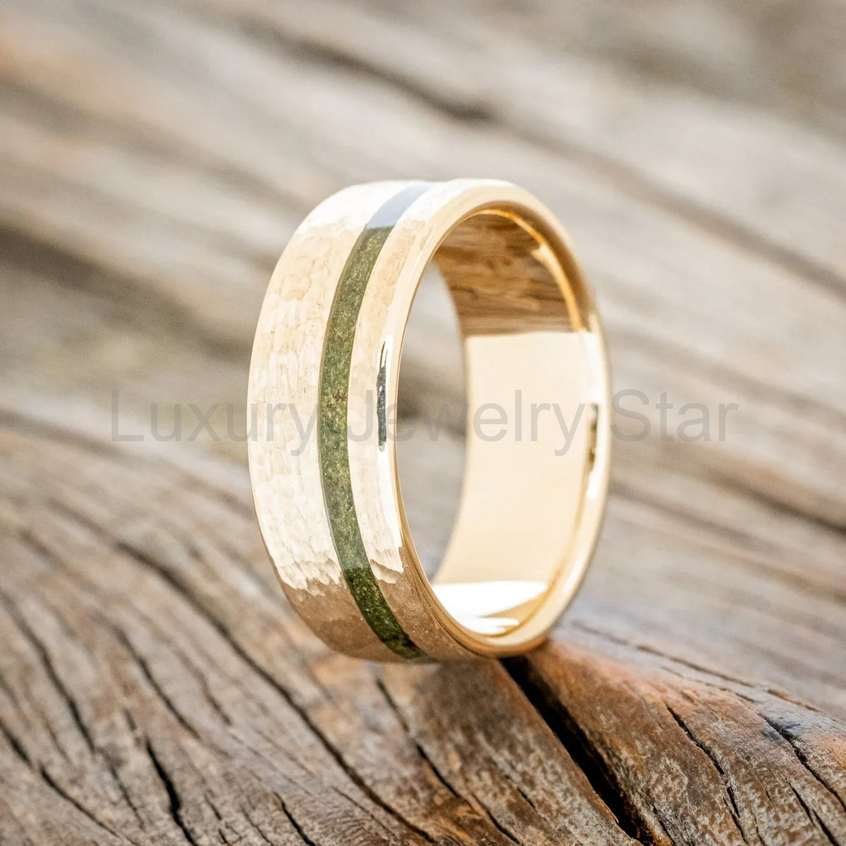 "Vertigo" - Wedding Band With Natural Moss Inlay Featuring A Hammered Band- 14K Yellow Gold - Size