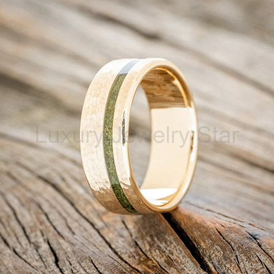 "Vertigo" - Wedding Band With Natural Moss Inlay Featuring A Hammered Band- 14K Yellow Gold - Size