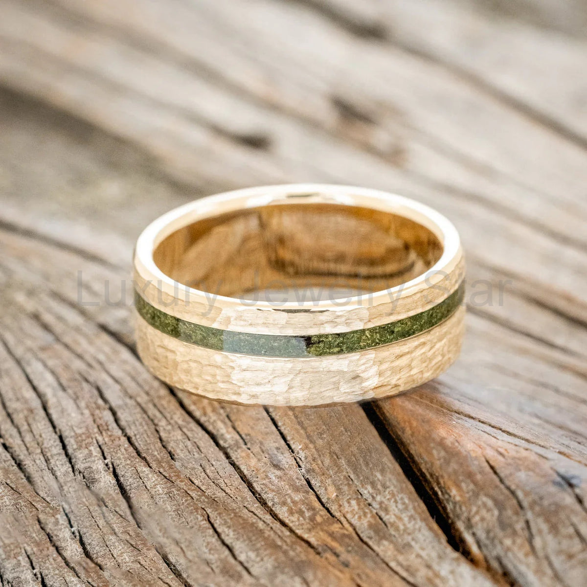 "Vertigo" - Wedding Band With Natural Moss Inlay Featuring A Hammered Band- 14K Yellow - image 3