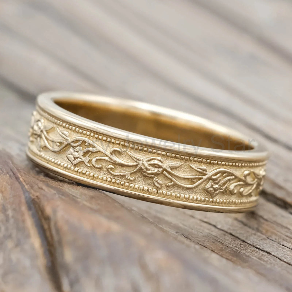 "Will" - Custom Floral-Engraved Wedding Band - 14K Yellow Gold (6mm) - Size 10 - image 2