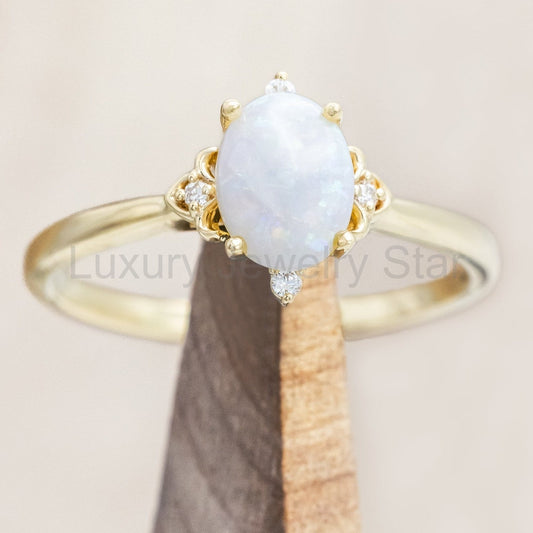 "Zella" - Oval Cabochon Cut White Opal Engagement Ring With Diamond Accents