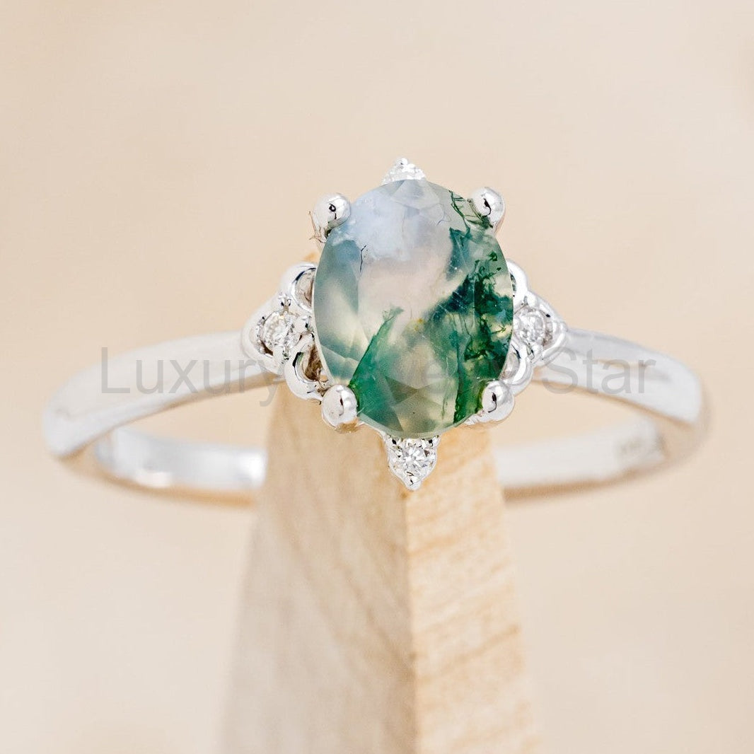 "Zella" - Oval Cut Moss Agate Engagement Ring With Diamond Accents