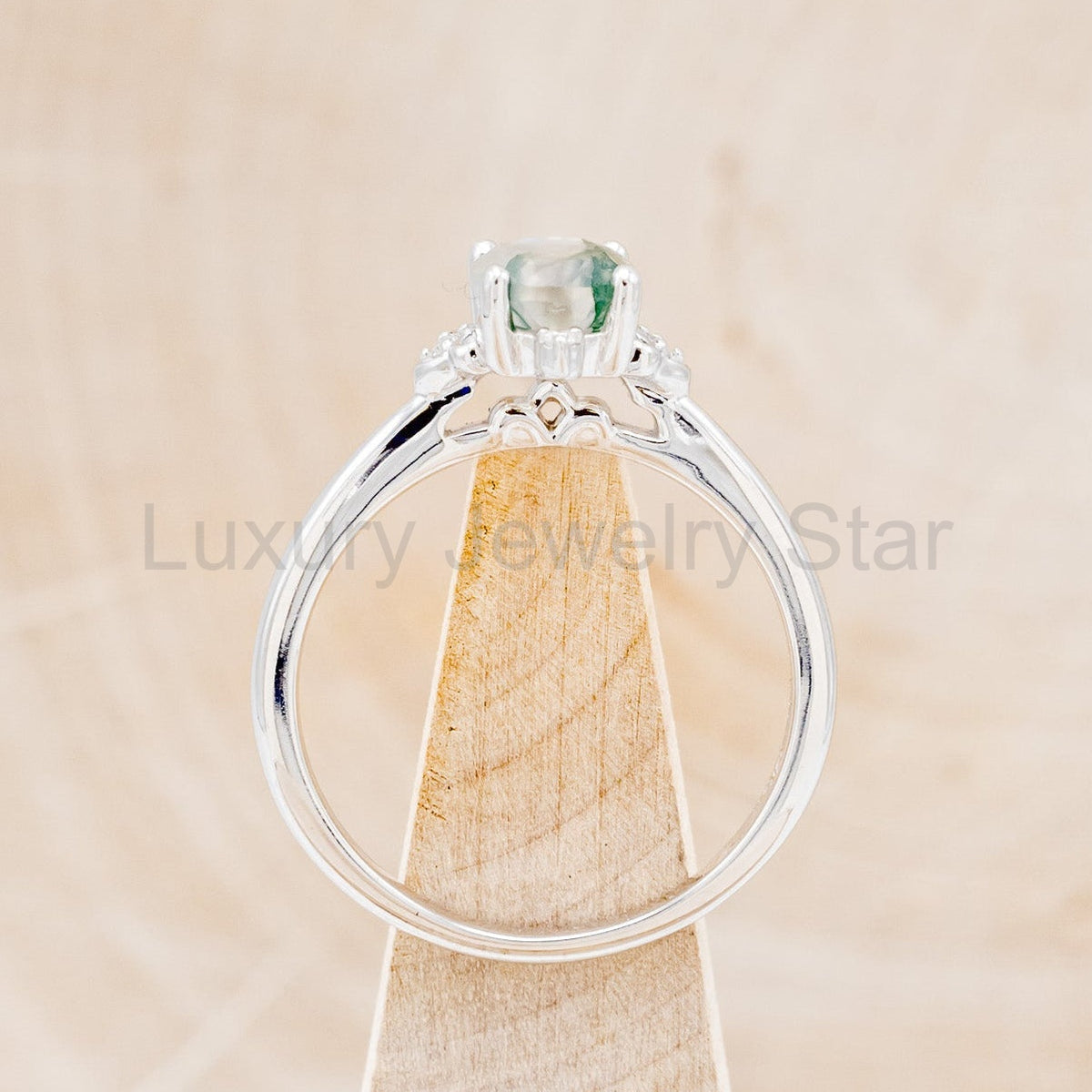 "Zella" - Oval Cut Moss Agate Engagement Ring With Diamond Accents - image 5