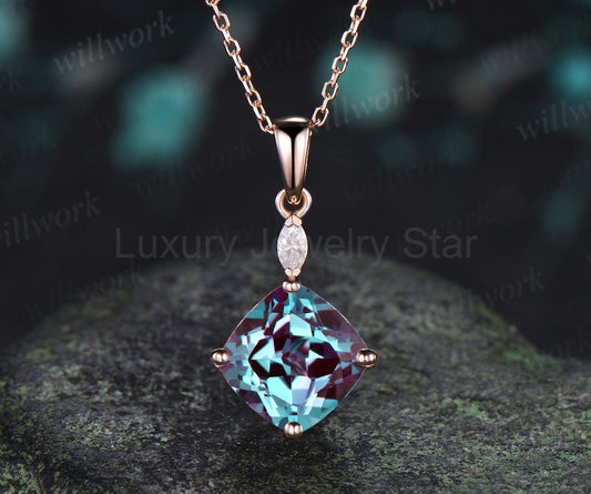 2ct cushion cut alexandrite necklace 14k rose gold two stone marquise pendant women her gemstone