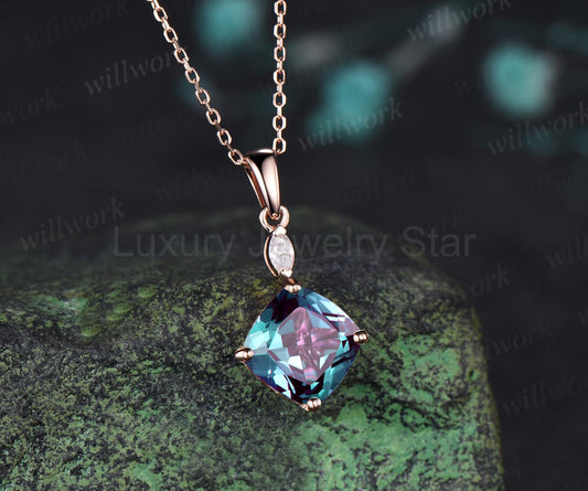 2ct cushion cut alexandrite necklace 14k rose gold two stone marquise pendant women her - image 2
