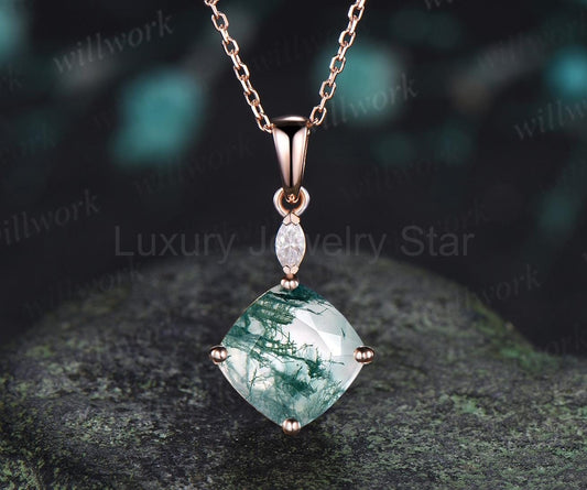 2ct cushion cut green moss agate necklace 14k rose gold two stone marquise moissanite pendant women