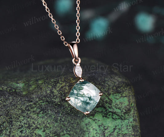 2ct cushion cut green moss agate necklace 14k rose gold two stone marquise moissanite - image 2