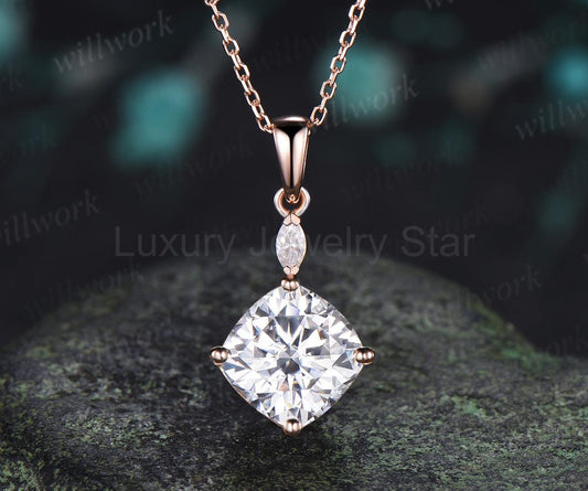 2ct cushion cut moissanite necklace 14k rose gold two stone marquise pendant women her gemstone