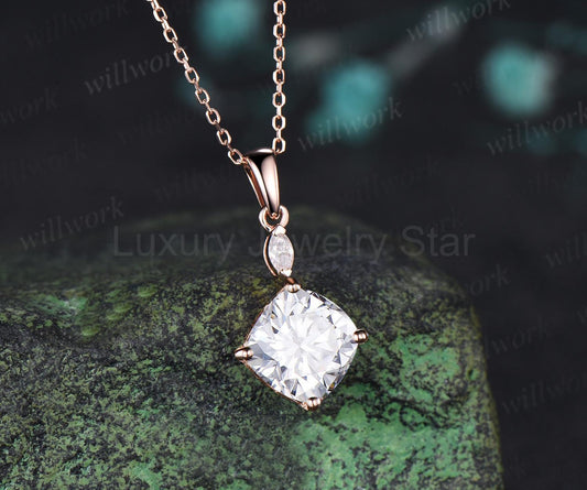 2ct cushion cut moissanite necklace 14k rose gold two stone marquise pendant women her - image 2
