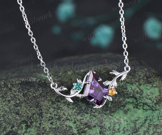 Kite cut purple sapphire necklace vintage twisted leaf nature inspired three stone unique pendant women anniversary bridal gift mother