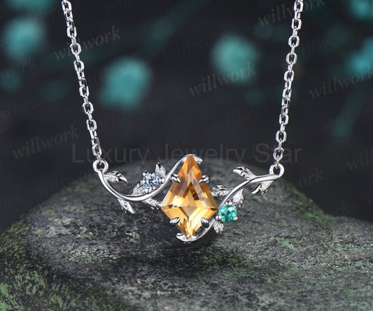 Kite cut yellow citrine necklace vintage twisted leaf nature inspired three stone emerald alexandrite women anniversary bridal gift mother