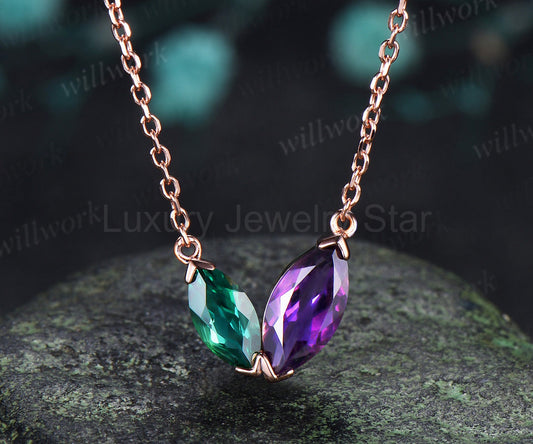 Marquise Cut Emerald Amethyst Necklace Dainty Two Birthstones Pendant with V Prong Minimalist Toi Et Moi Necklace Gifts for Her
