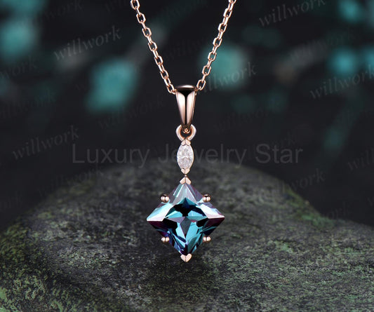 Princess cut alexandrite necklace 14k rose gold two stone marquise moissanite pendant women her