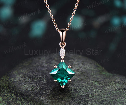 Princess cut green emerald necklace 14k rose gold two stone marquise moissanite pendant women her