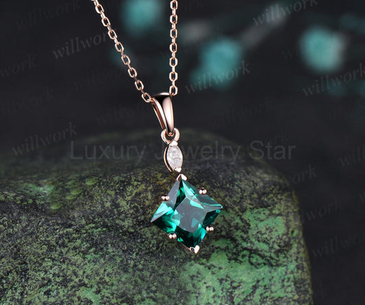 Princess cut green emerald necklace 14k rose gold two stone marquise moissanite pendant - image 2