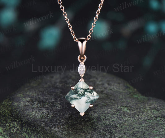 Princess cut moss agate necklace 14k rose gold two stone marquise moissanite pendant women her green gemstone anniversary bridal gift mother