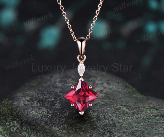 Princess cut red ruby necklace 14k rose gold two stone marquise moissanite pendant women her