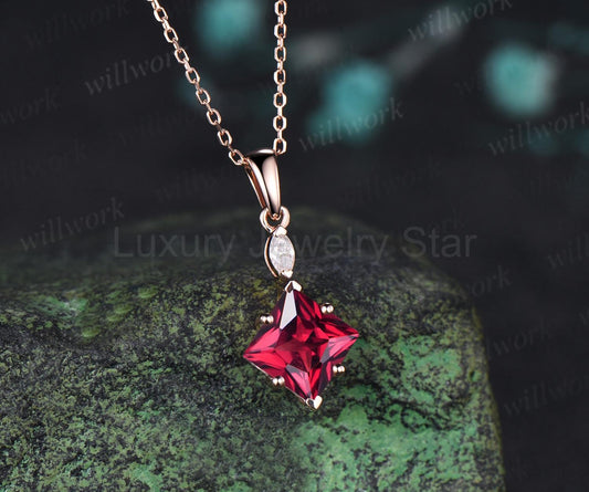Princess cut red ruby necklace 14k rose gold two stone marquise moissanite pendant women - image 2