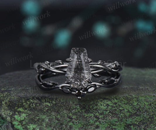Retro Coffin Cut Natural Black Rutilated Quartz Engagement Ring Set Twig Vine Black Gothic Wedding
