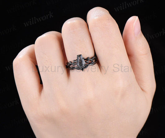 Retro Coffin Cut Natural Black Rutilated Quartz Engagement Ring Set Twig Vine Black Gothic - image 2